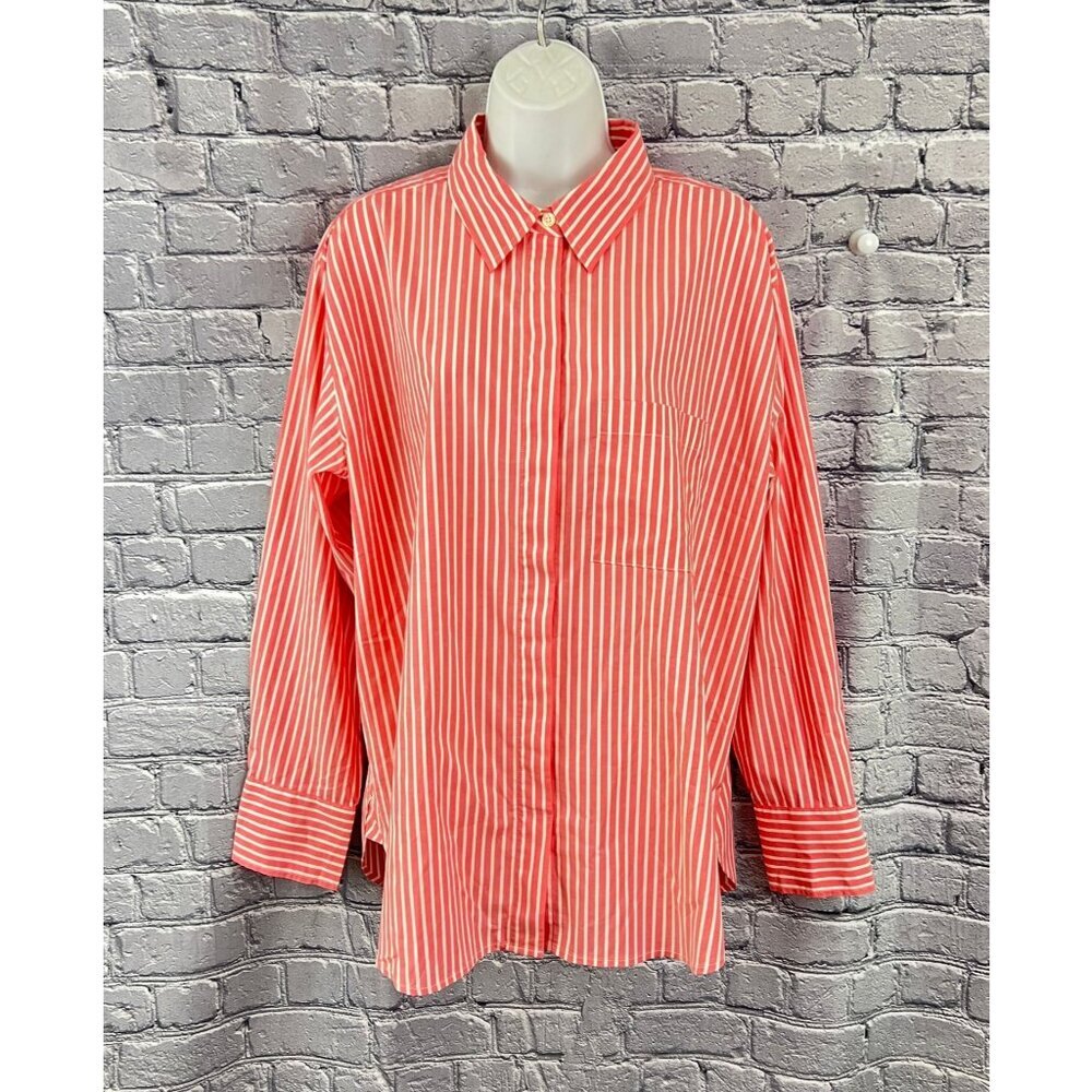 Ann Taylor Button Front Long‎ Sleeve  Peach White Stripe Shirt Size L NWT